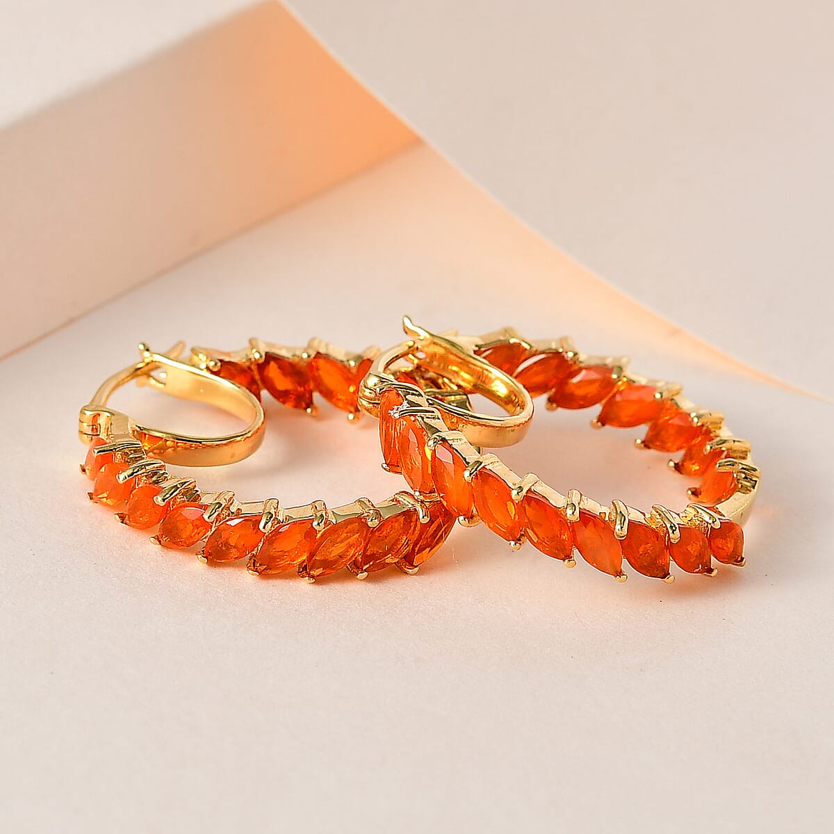 Mexican Fire Opal Hoop Earrings in Vermeil Yellow Gold Over Sterling Silver 3.20 ctw image number 1