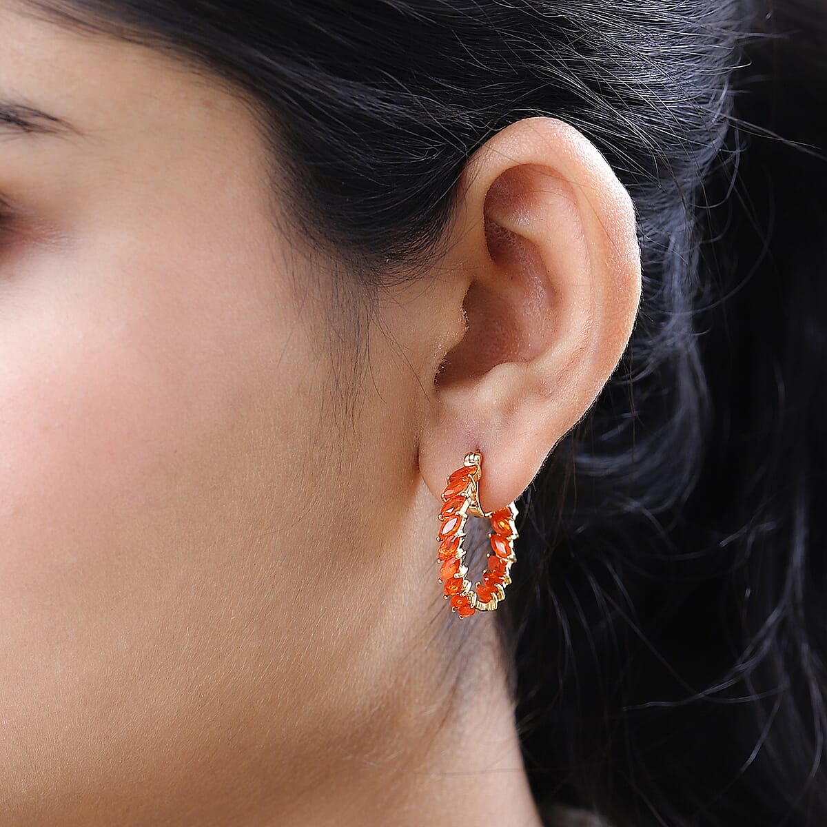 Mexican Fire Opal Hoop Earrings in Vermeil Yellow Gold Over Sterling Silver 3.20 ctw image number 2
