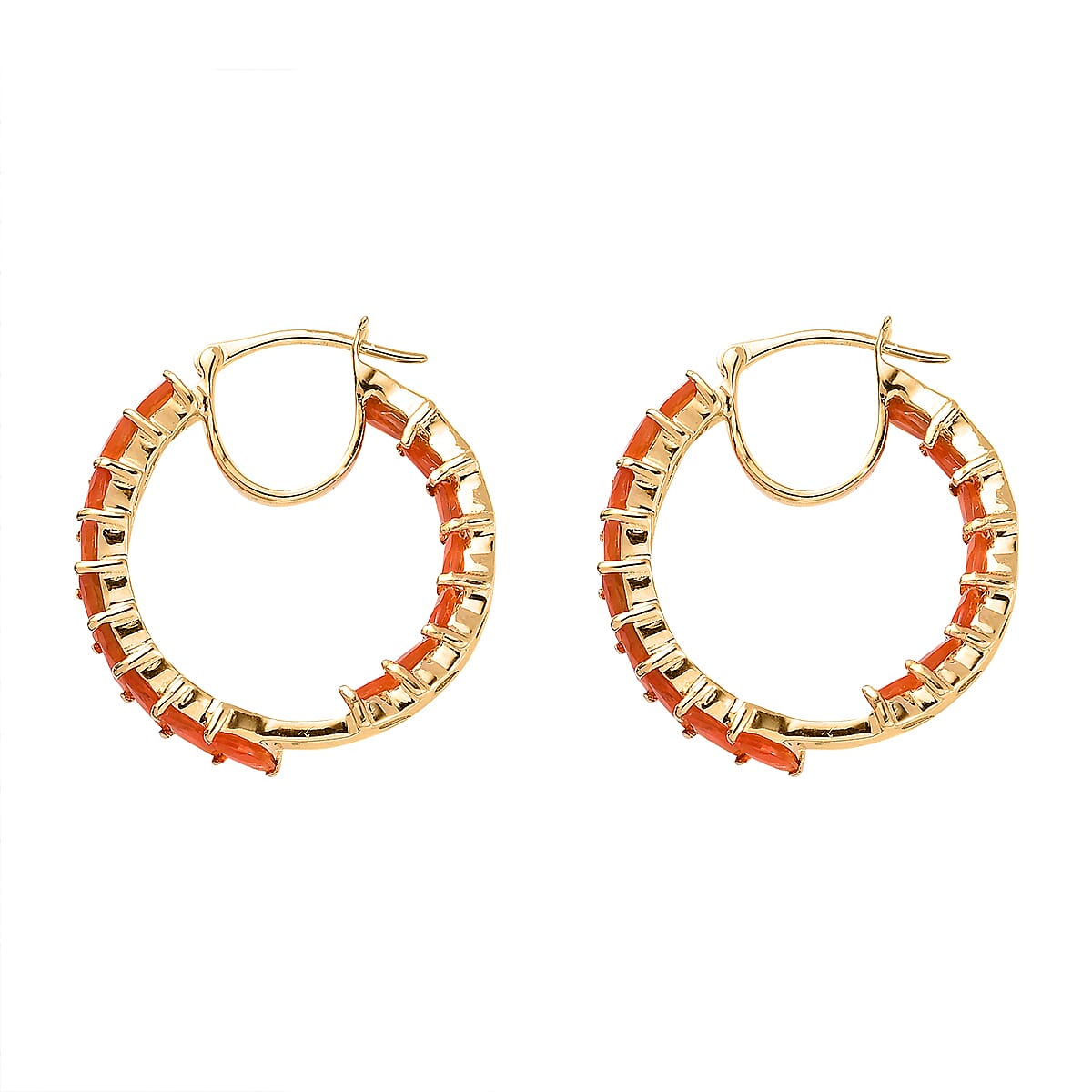 Mexican Fire Opal Hoop Earrings in Vermeil Yellow Gold Over Sterling Silver 3.20 ctw