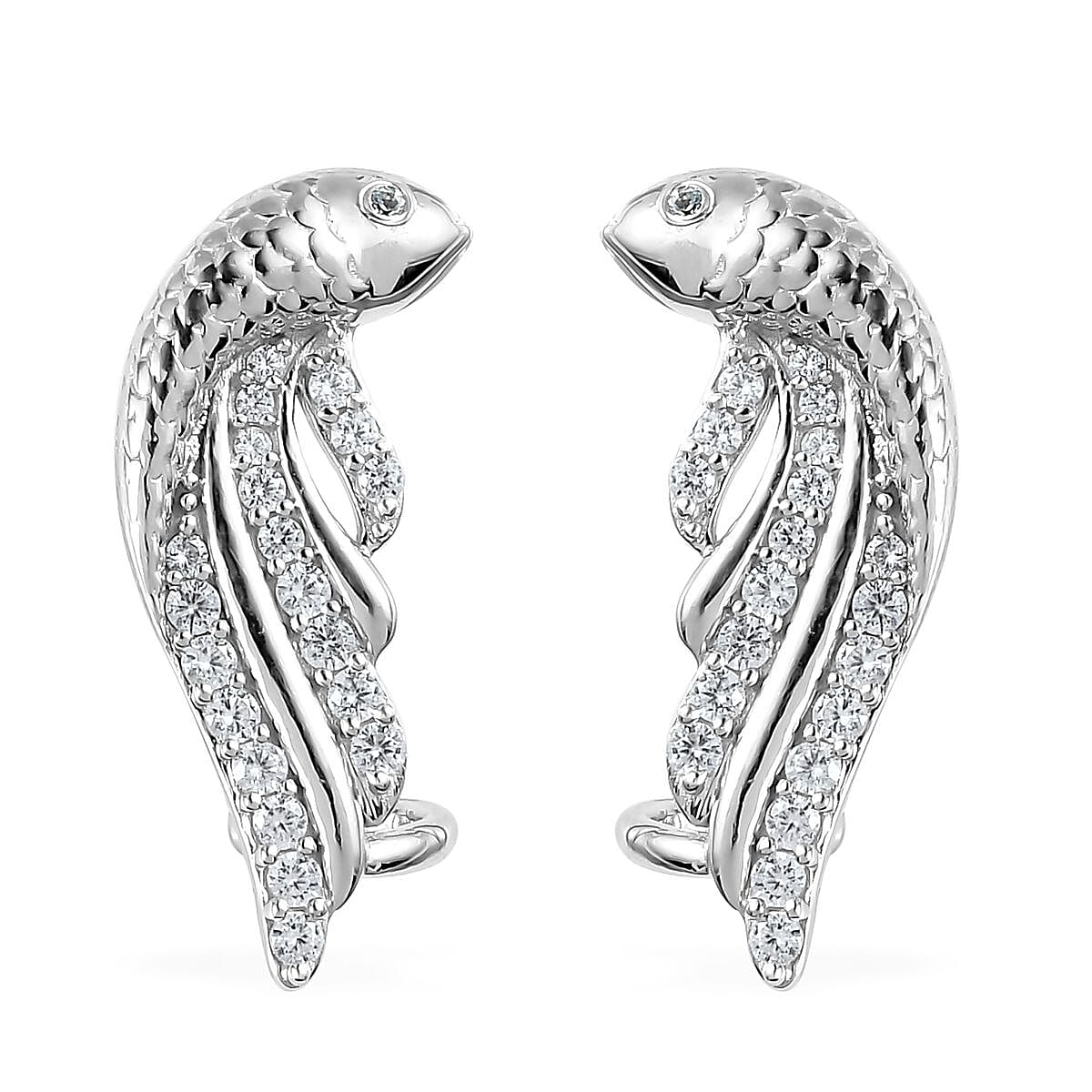 Blue Topaz, White Zircon Fish Earrings in Platinum Over Sterling Silver 1.00 ctw image number 0