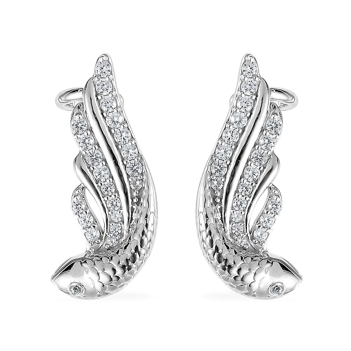 Blue Topaz, White Zircon Fish Earrings in Platinum Over Sterling Silver 1.00 ctw image number 4