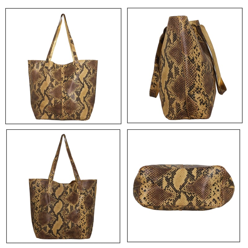 Black and Tan Snake Foil Print 100% Genuine Leather Tote Bag