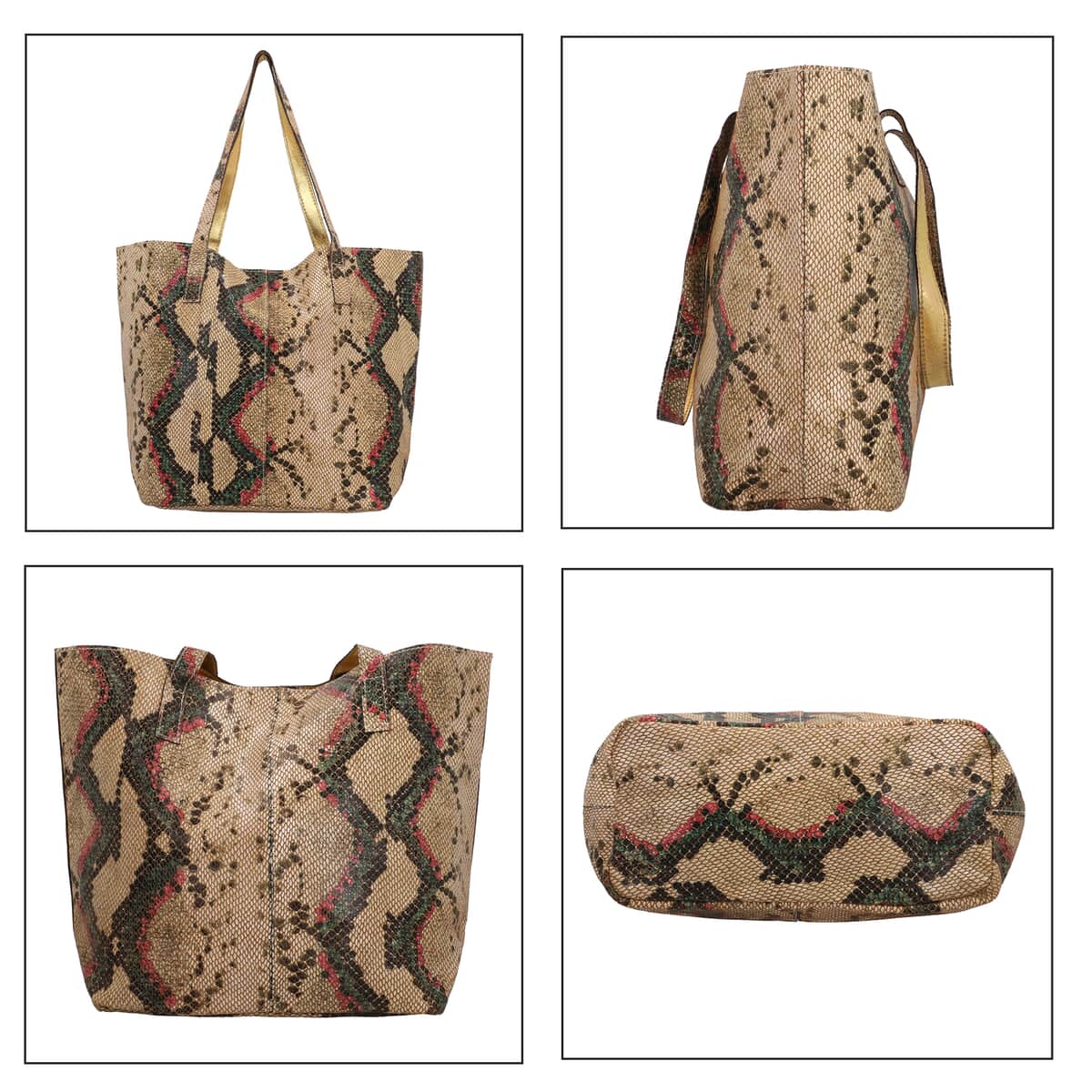 Green & Taupe Snake Foil Print 100% Genuine Leather Tote Bag image number 4