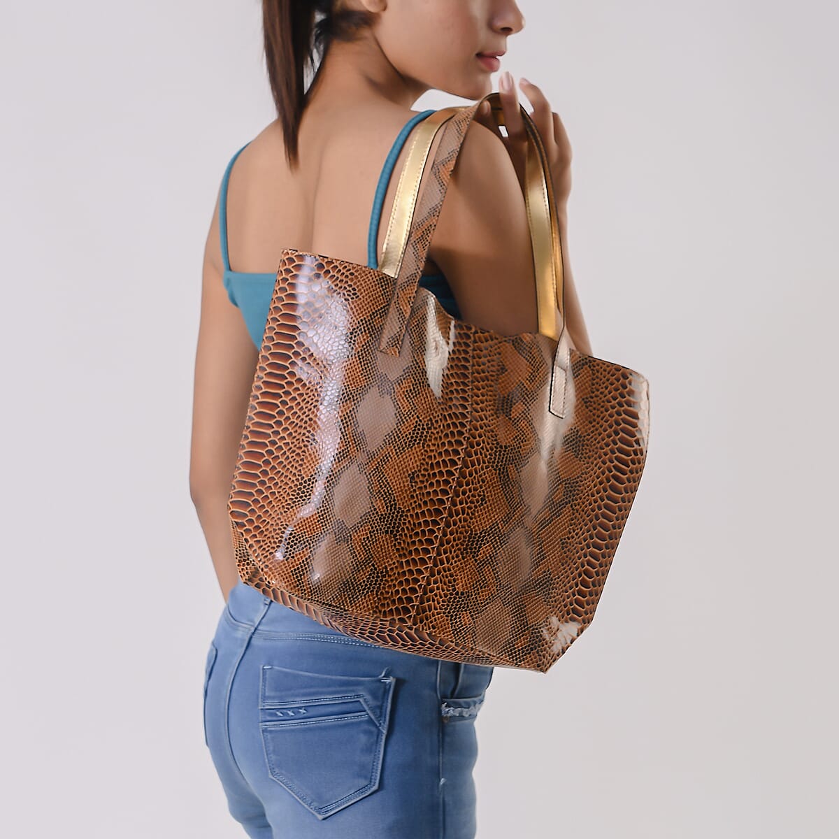 Tan & Chocolate Snake Foil Print 100% Genuine Leather Tote Bag image number 1