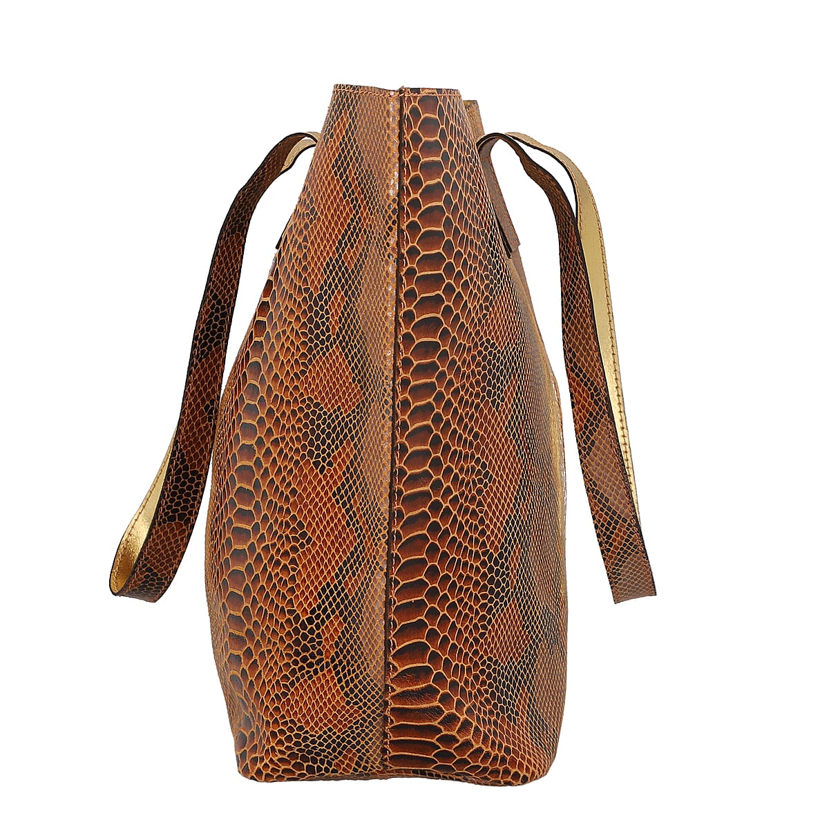 Tan & Chocolate Snake Foil Print 100% Genuine Leather Tote Bag image number 2
