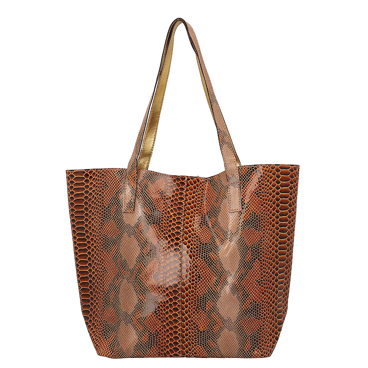 Tan & Chocolate Snake Foil Print 100% Genuine Leather Tote Bag image number 3