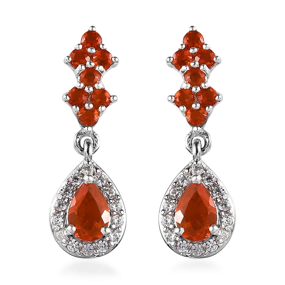 Mexican Fire Opal and White Zircon Dangling Earrings in Platinum Over Sterling Silver 1.25 ctw image number 0