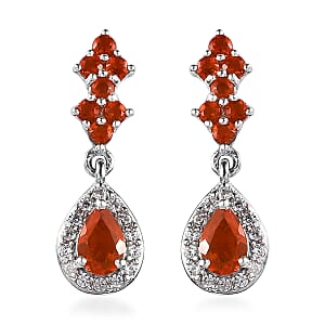 Mexican Fire Opal and White Zircon Dangling Earrings in Platinum Over Sterling Silver 1.25 ctw