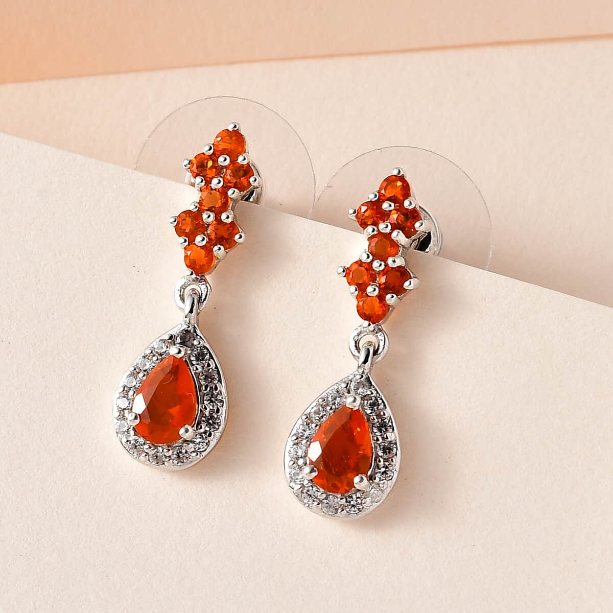 Mexican Fire Opal and White Zircon Dangling Earrings in Platinum Over Sterling Silver 1.25 ctw image number 1