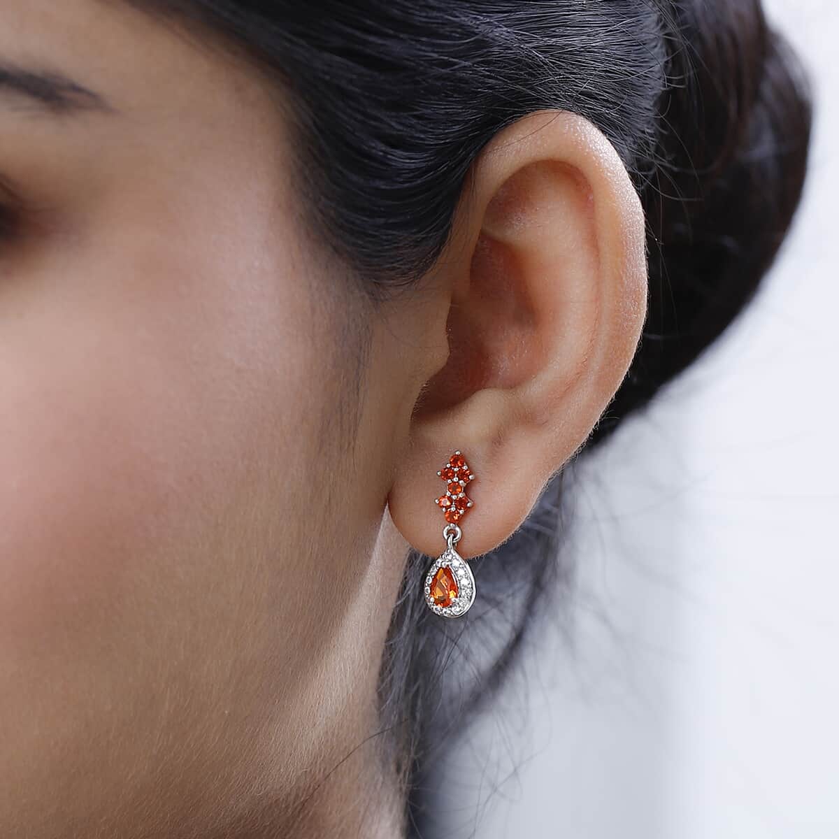 Mexican Fire Opal and White Zircon Dangling Earrings in Platinum Over Sterling Silver 1.25 ctw image number 2