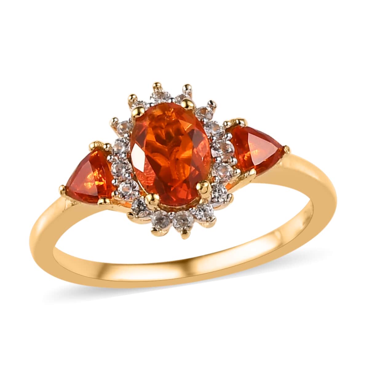 Mexican Fire Opal and White Zircon Floral Ring in Vermeil Yellow Gold Over Sterling Silver 0.90 ctw image number 0