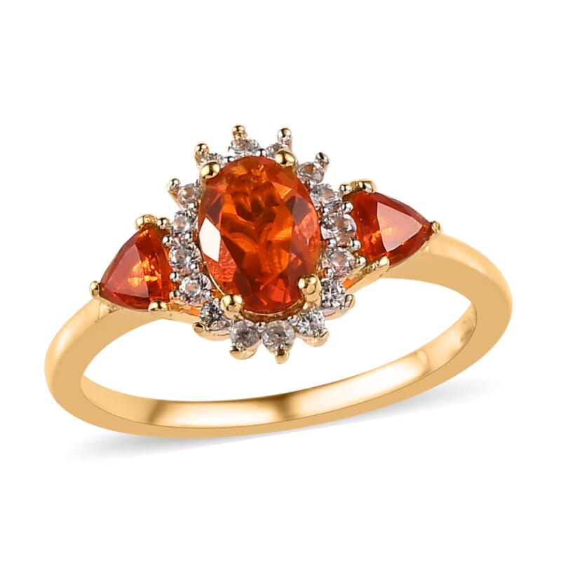 Mexican Fire Opal and White Zircon Floral Ring in Vermeil Yellow Gold Over Sterling Silver (Size 10.0) 0.90 ctw