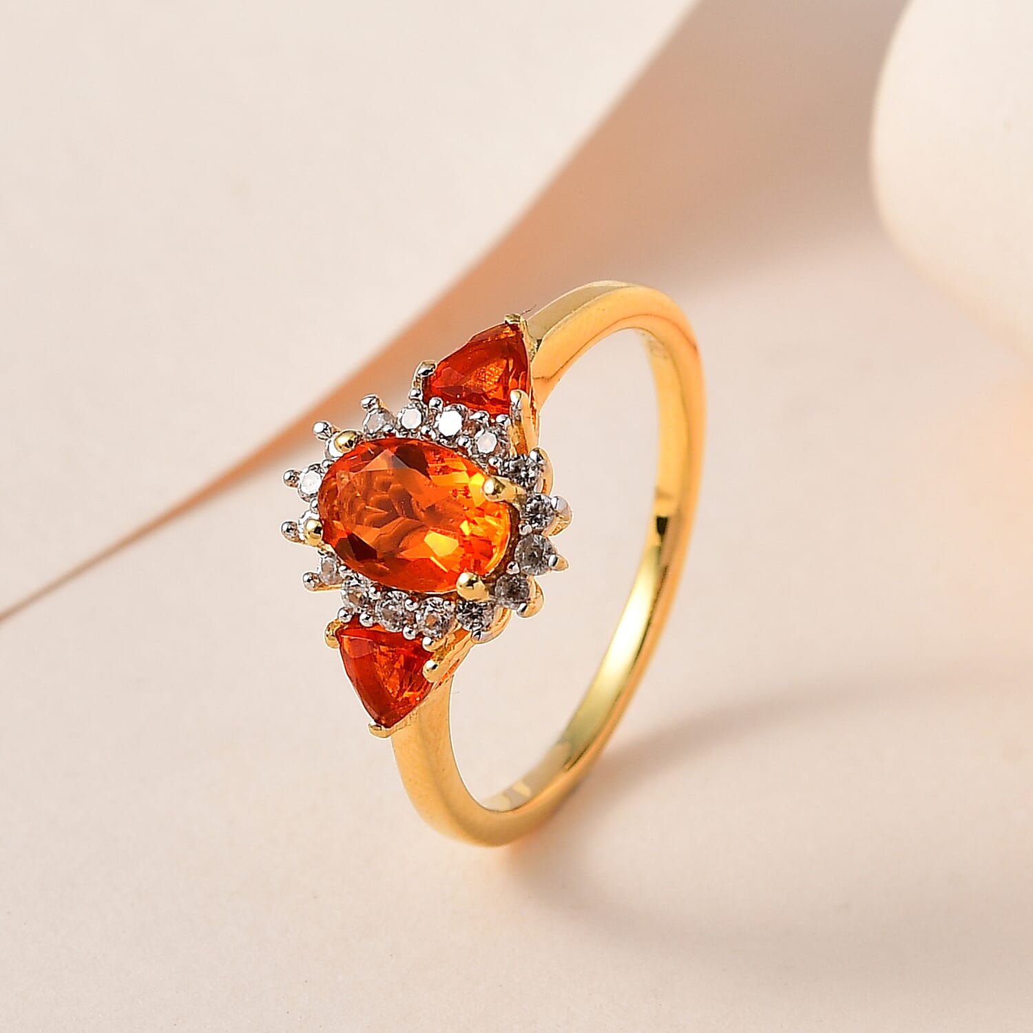 Mexican Fire Opal and White Zircon Floral Ring in Vermeil Yellow Gold Over Sterling Silver (Size 10.0) 0.90 ctw