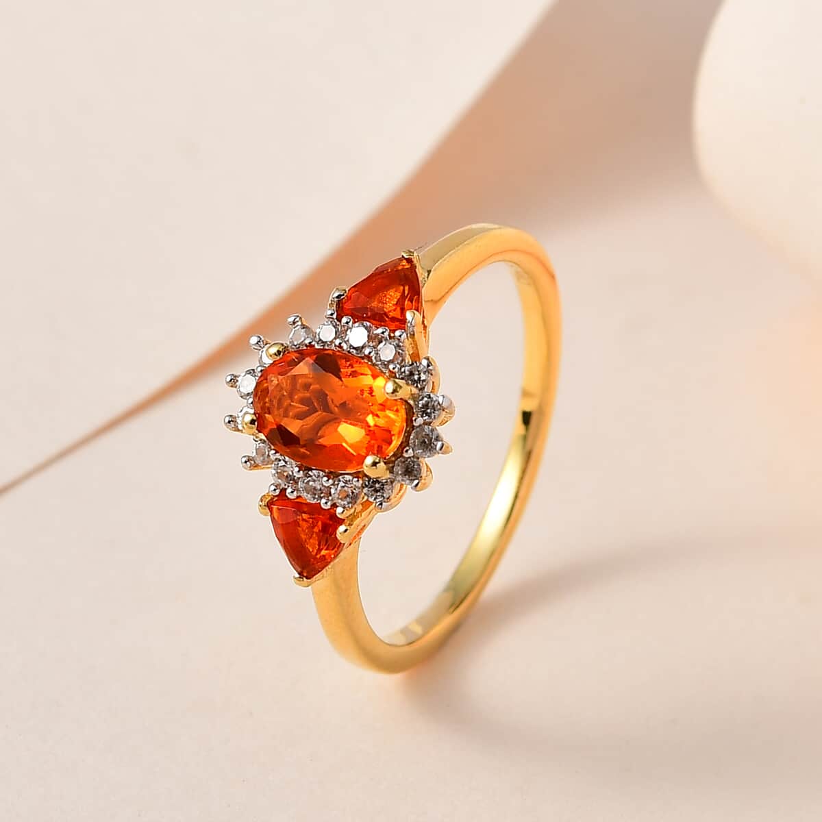 Mexican Fire Opal and White Zircon Floral Ring in Vermeil Yellow Gold Over Sterling Silver 0.90 ctw image number 1