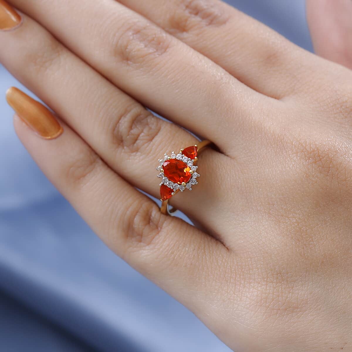 Mexican Fire Opal and White Zircon Floral Ring in Vermeil Yellow Gold Over Sterling Silver 0.90 ctw image number 2