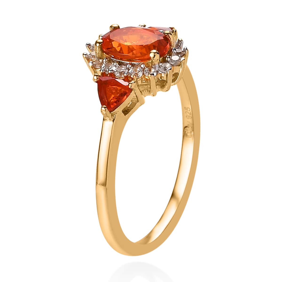 Mexican Fire Opal and White Zircon Floral Ring in Vermeil Yellow Gold Over Sterling Silver 0.90 ctw image number 3