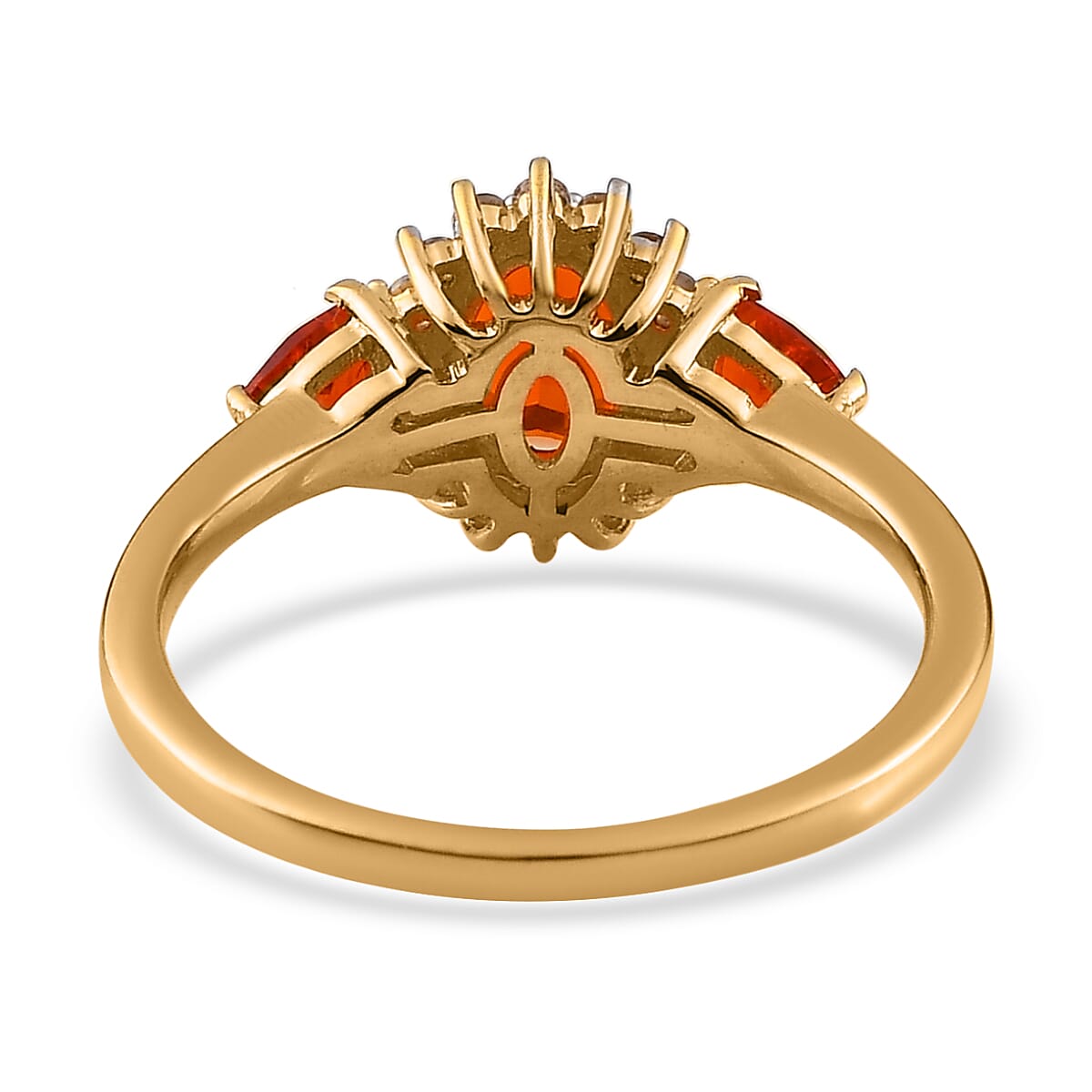 Mexican Fire Opal and White Zircon Floral Ring in Vermeil Yellow Gold Over Sterling Silver (Size 10.0) 0.90 ctw