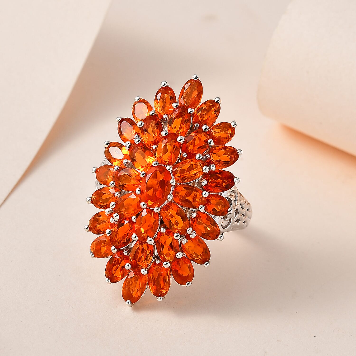 Mexican Fire Opal Floral Spray Ring in Platinum Over Sterling Silver (Size 10.0) 5.75 ctw