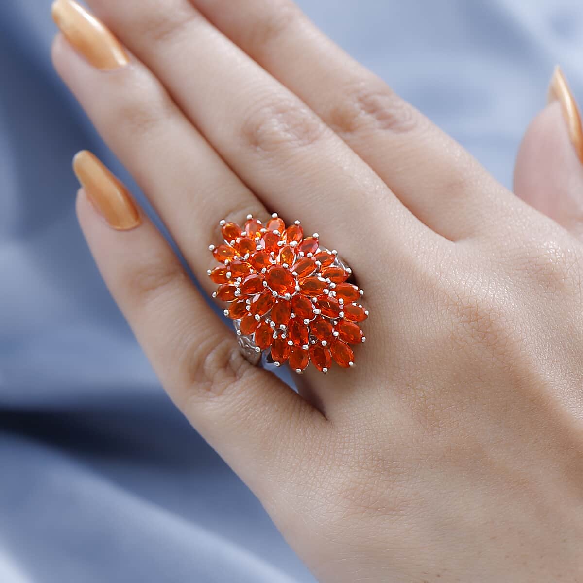 Mexican Fire Opal Floral Spray Ring in Platinum Over Sterling Silver (Size 10.0) 5.75 ctw image number 2