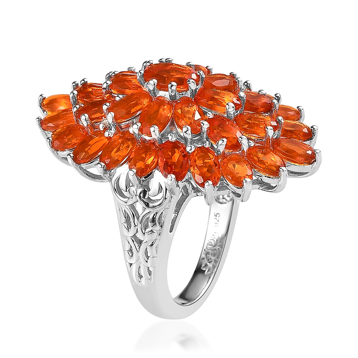 Mexican Fire Opal Floral Spray Ring in Platinum Over Sterling Silver (Size 10.0) 5.75 ctw