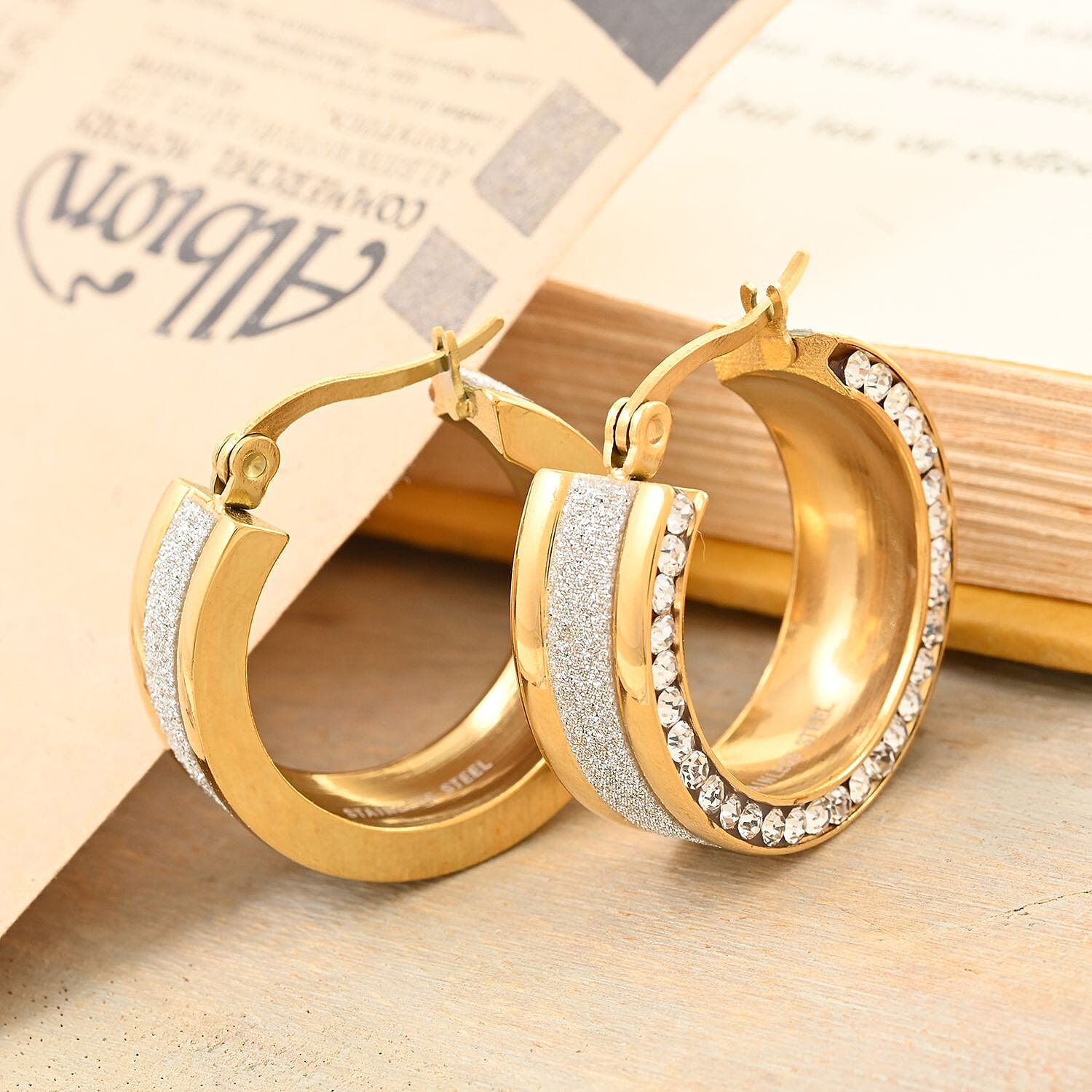Austrian Crystal Hoop Earrings in ION Plated Yellow Gold Stainless Steel 1.50 ctw
