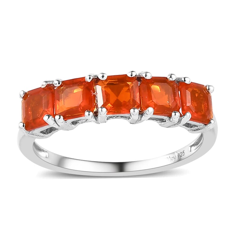 Asscher Cut Mexican Fire Opal 5 Stone Ring in Platinum Over Sterling Silver (Size 10.0) 1.10 ctw