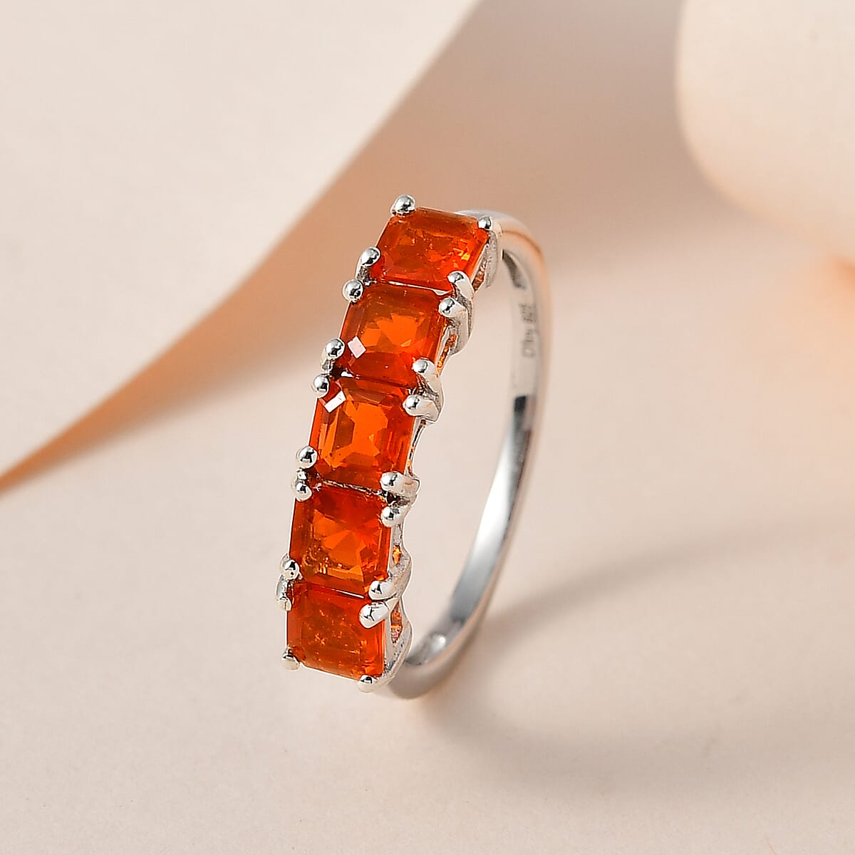 Asscher Cut Mexican Fire Opal 5 Stone Ring in Platinum Over Sterling Silver (Size 7.0) 1.10 ctw image number 1