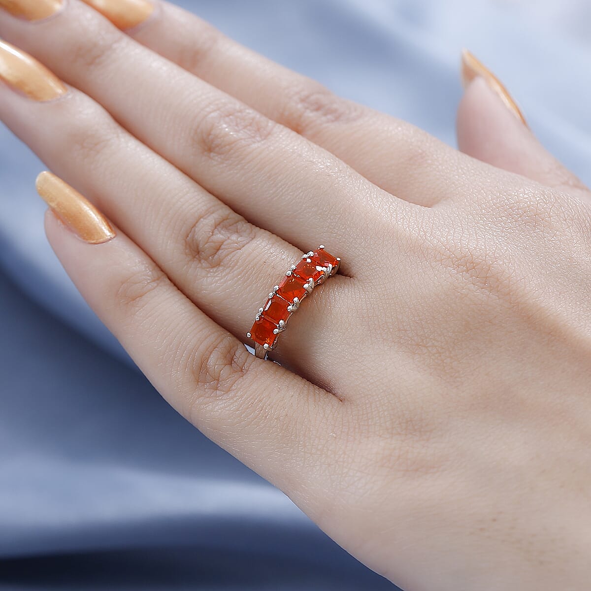 Asscher Cut Mexican Fire Opal 5 Stone Ring in Platinum Over Sterling Silver (Size 7.0) 1.10 ctw image number 2