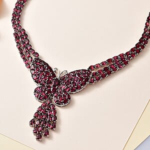 Orissa Rhodolite Garnet Butterfly Necklace 18-20 Inches in Platinum Over Sterling Silver 88.15 ctw
