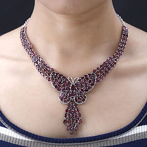 Orissa Rhodolite Garnet Butterfly Necklace 18-20 Inches in Platinum Over Sterling Silver 88.15 ctw