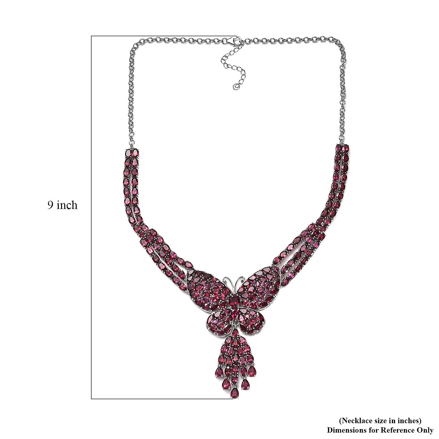 Orissa Rhodolite Garnet Butterfly Necklace 18-20 Inches in Platinum Over Sterling Silver 88.15 ctw