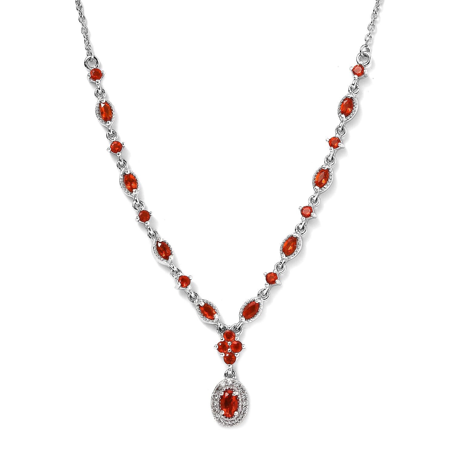 Mexican Fire Opal and White Zircon Necklace 18 Inches in Platinum Over Sterling Silver 1.15 ctw