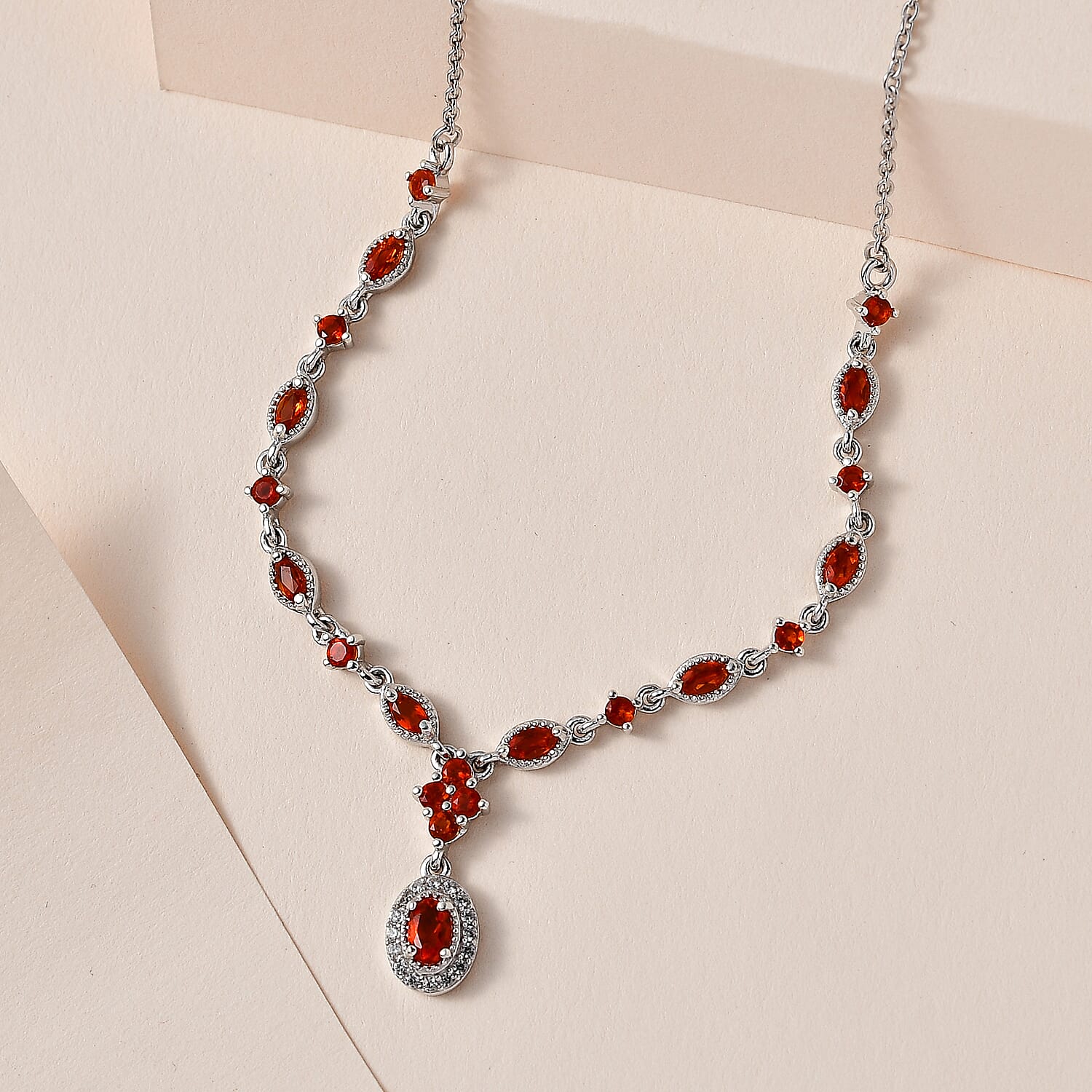 Mexican Fire Opal and White Zircon Necklace 18 Inches in Platinum Over Sterling Silver 1.15 ctw