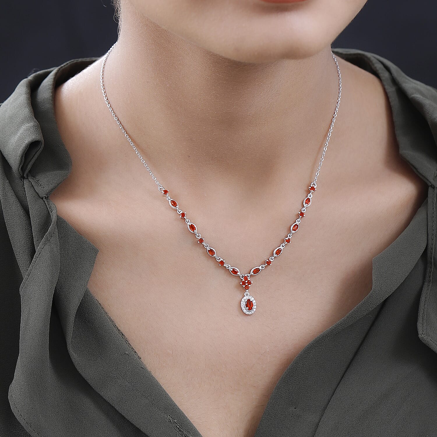 Mexican Fire Opal and White Zircon Necklace 18 Inches in Platinum Over Sterling Silver 1.15 ctw