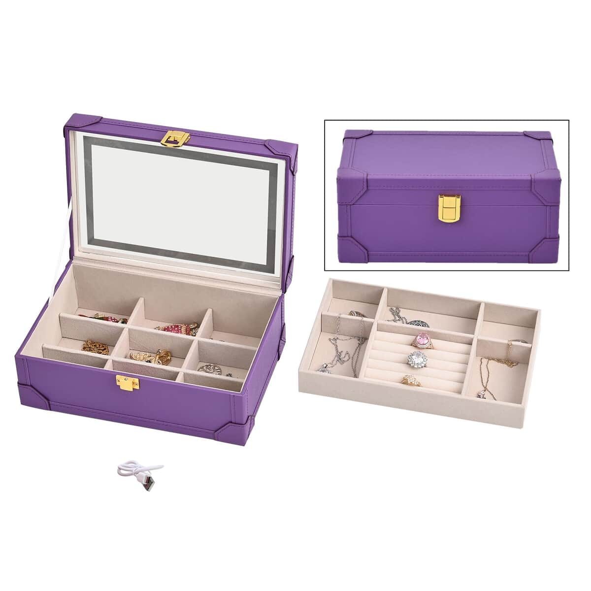 Purple Faux Leather USB Rechargeable Jewelry Box with LED Touch Mirror (9.60"x6.50"x3.93") image number 0