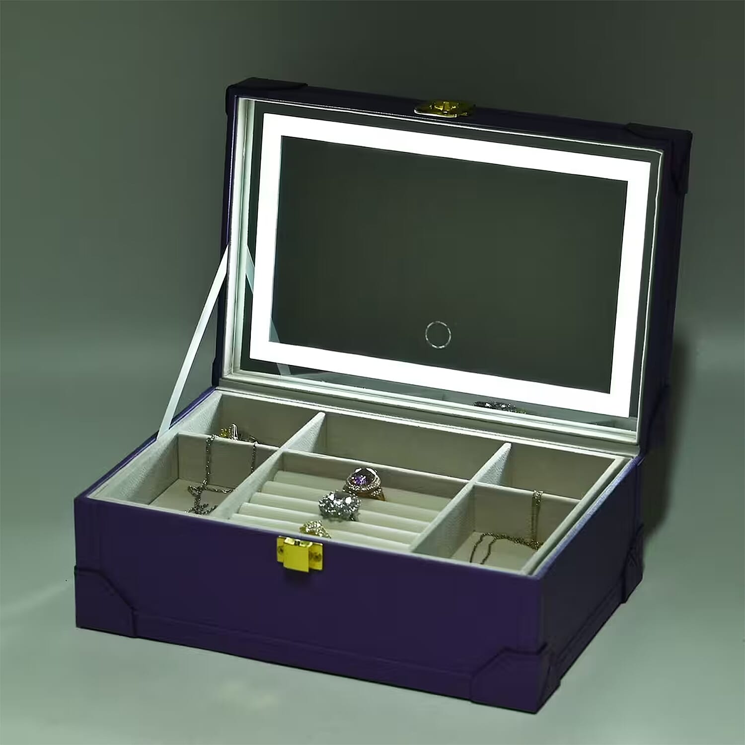 Purple Faux Leather USB Rechargeable Jewelry Box with LED Touch Mirror