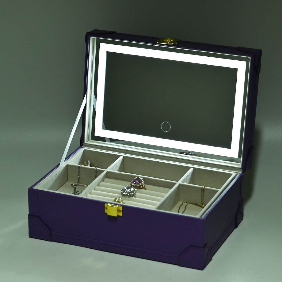 Purple Faux Leather USB Rechargeable Jewelry Box with LED Touch Mirror (9.60"x6.50"x3.93") image number 1