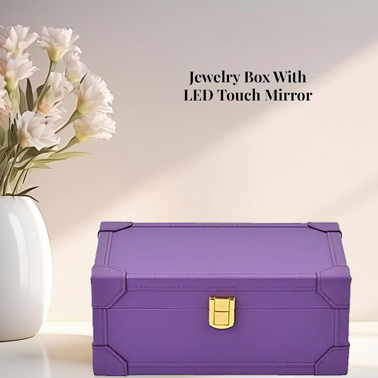 Purple Faux Leather USB Rechargeable Jewelry Box with LED Touch Mirror