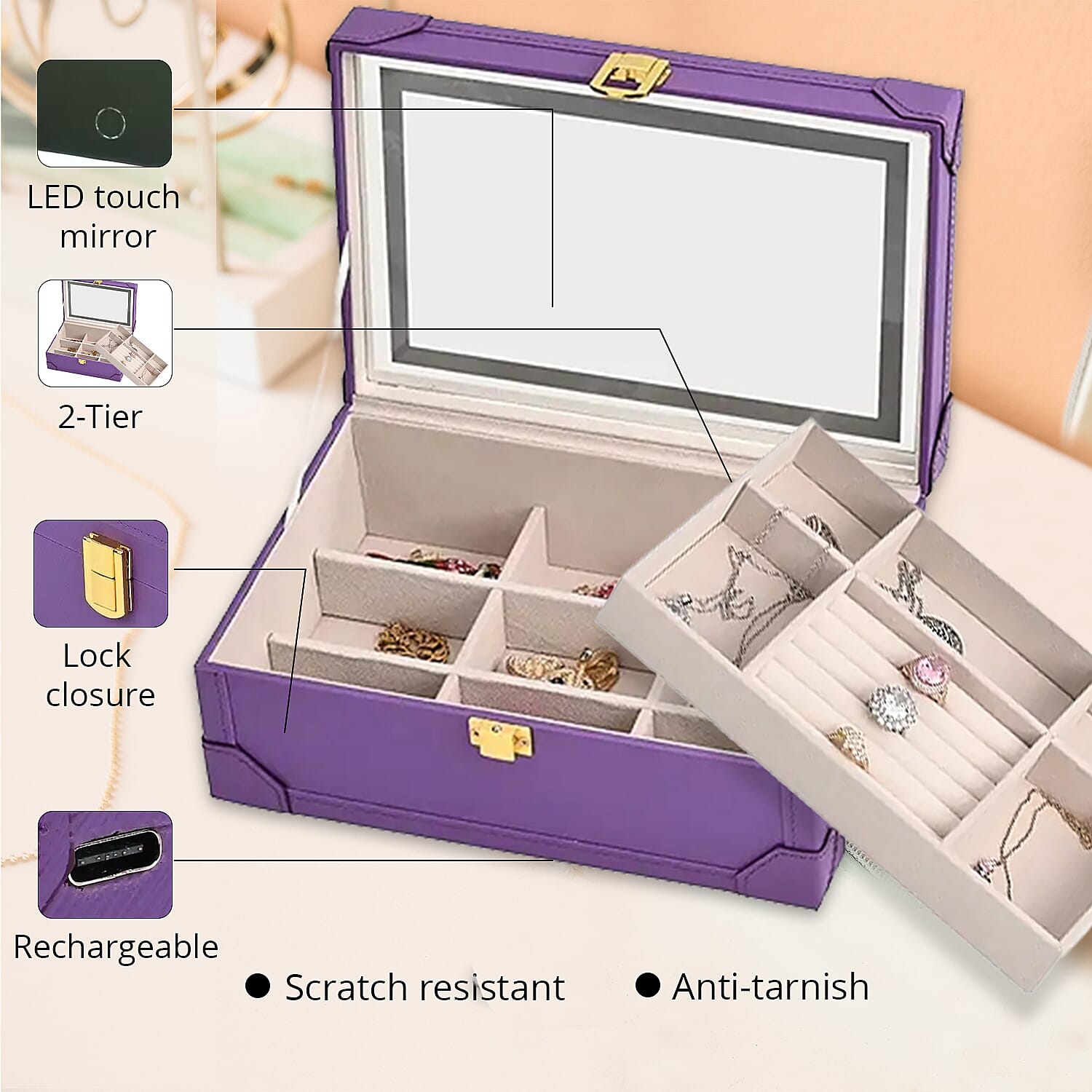 Purple Faux Leather USB Rechargeable Jewelry Box with LED Touch Mirror
