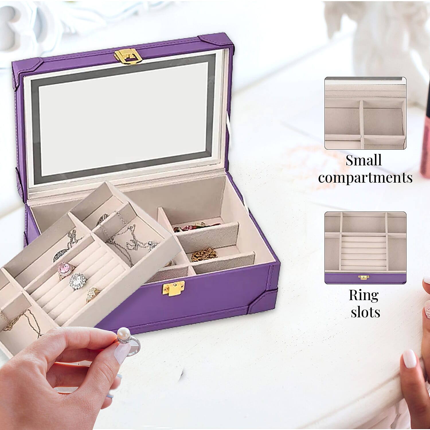 Purple Faux Leather USB Rechargeable Jewelry Box with LED Touch Mirror