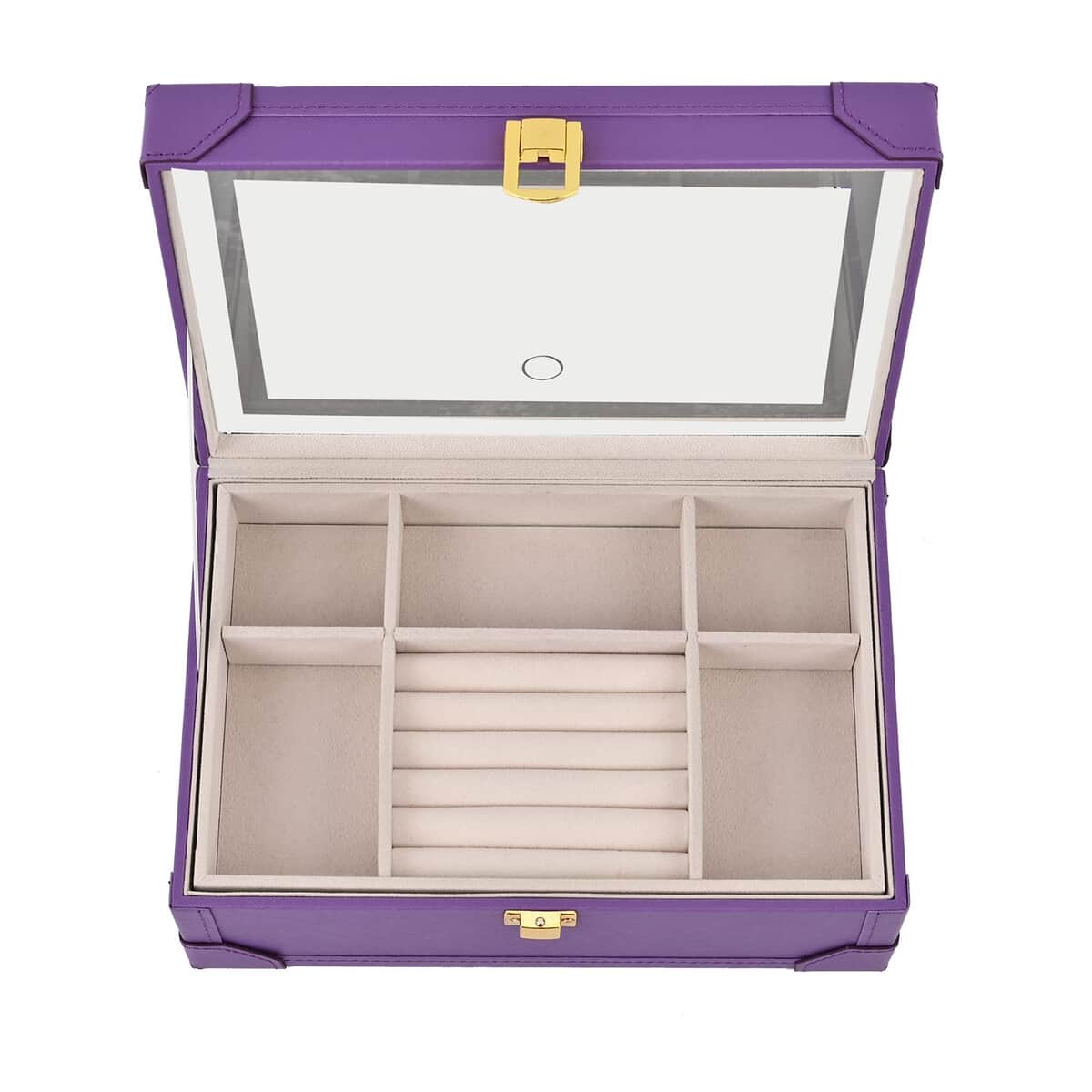 Purple Faux Leather USB Rechargeable Jewelry Box with LED Touch Mirror (9.60"x6.50"x3.93") image number 4