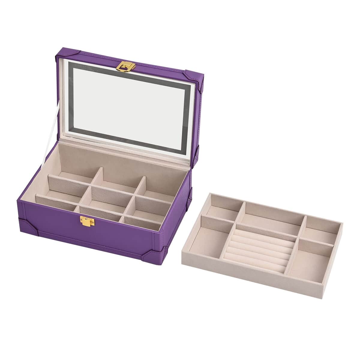 Purple Faux Leather USB Rechargeable Jewelry Box with LED Touch Mirror (9.60"x6.50"x3.93") image number 5