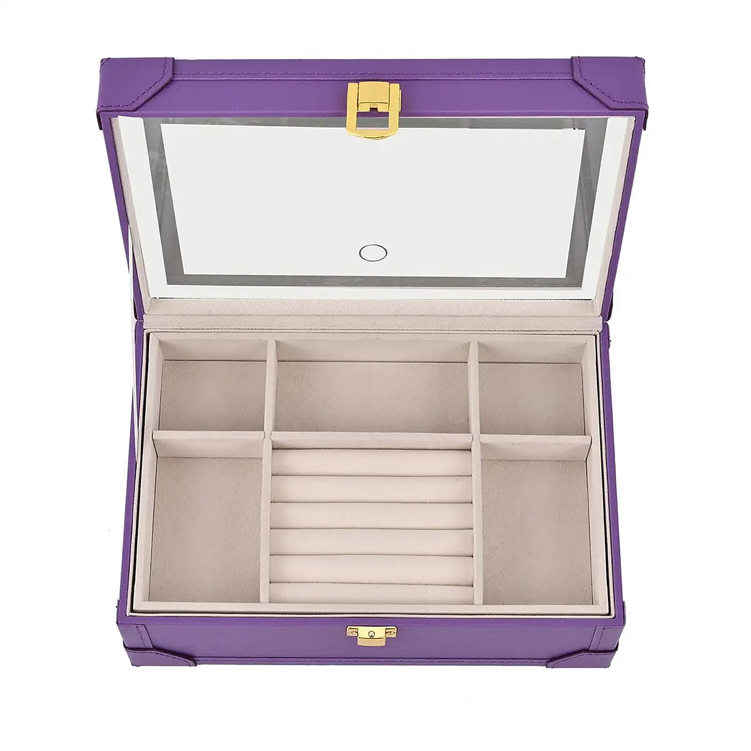 Purple Faux Leather USB Rechargeable Jewelry Box with LED Touch Mirror