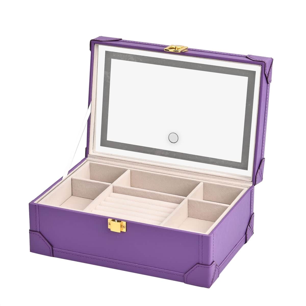 Purple Faux Leather USB Rechargeable Jewelry Box with LED Touch Mirror (9.60"x6.50"x3.93") image number 6