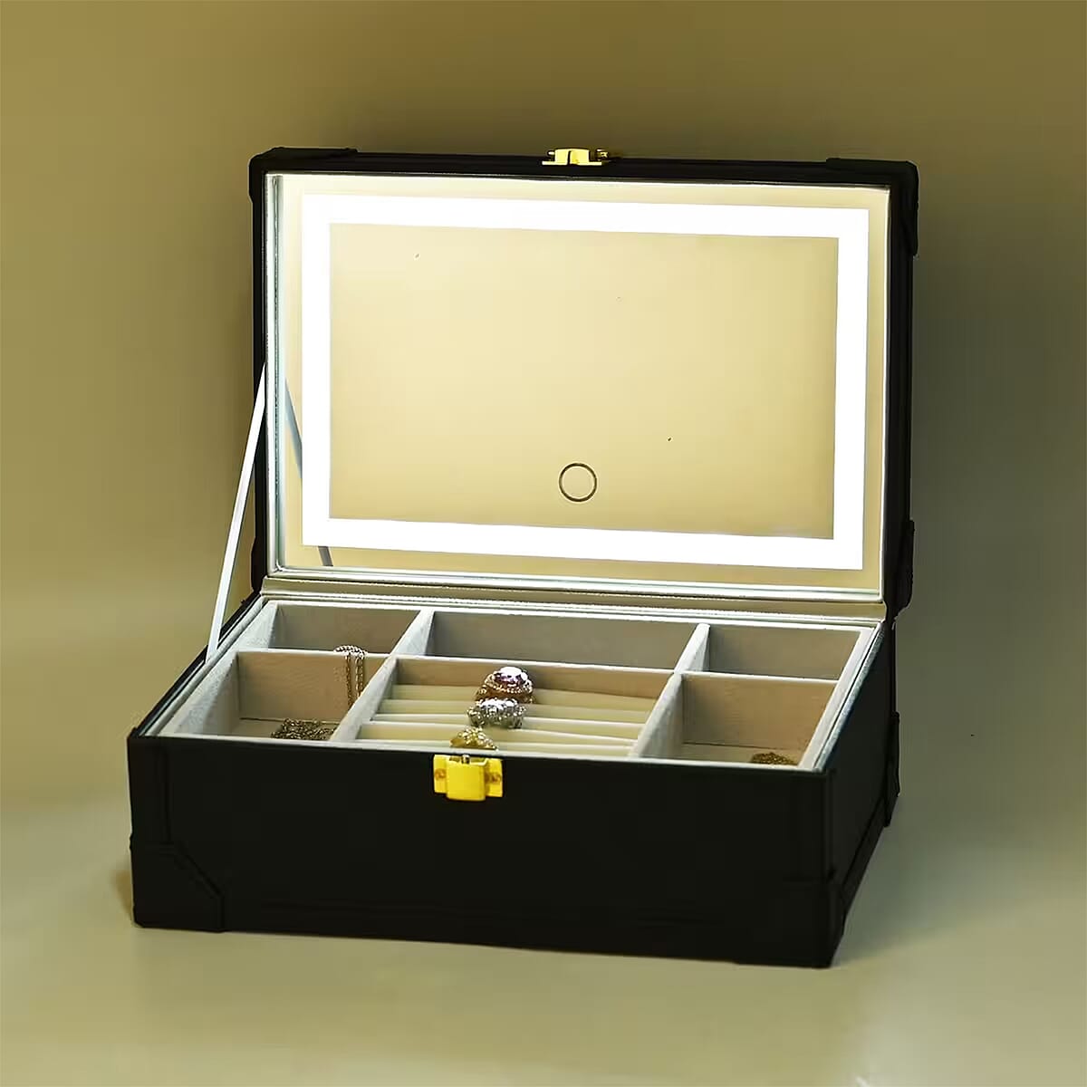 Black Faux Leather USB Rechargeable Jewelry Box with LED Touch Mirror image number 1