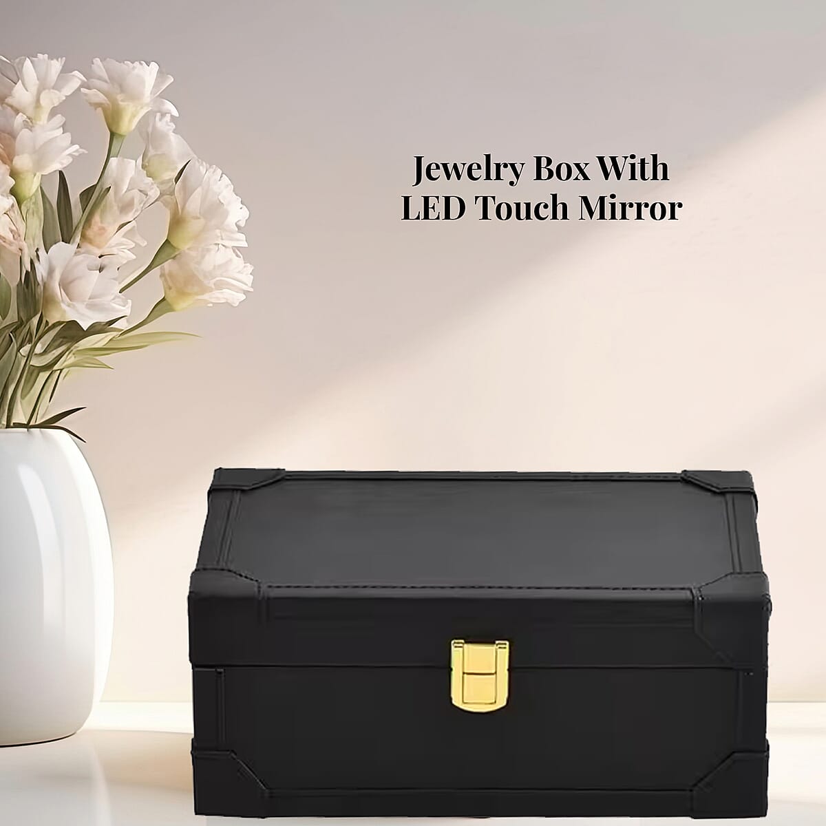 Black Faux Leather USB Rechargeable Jewelry Box with LED Touch Mirror image number 2