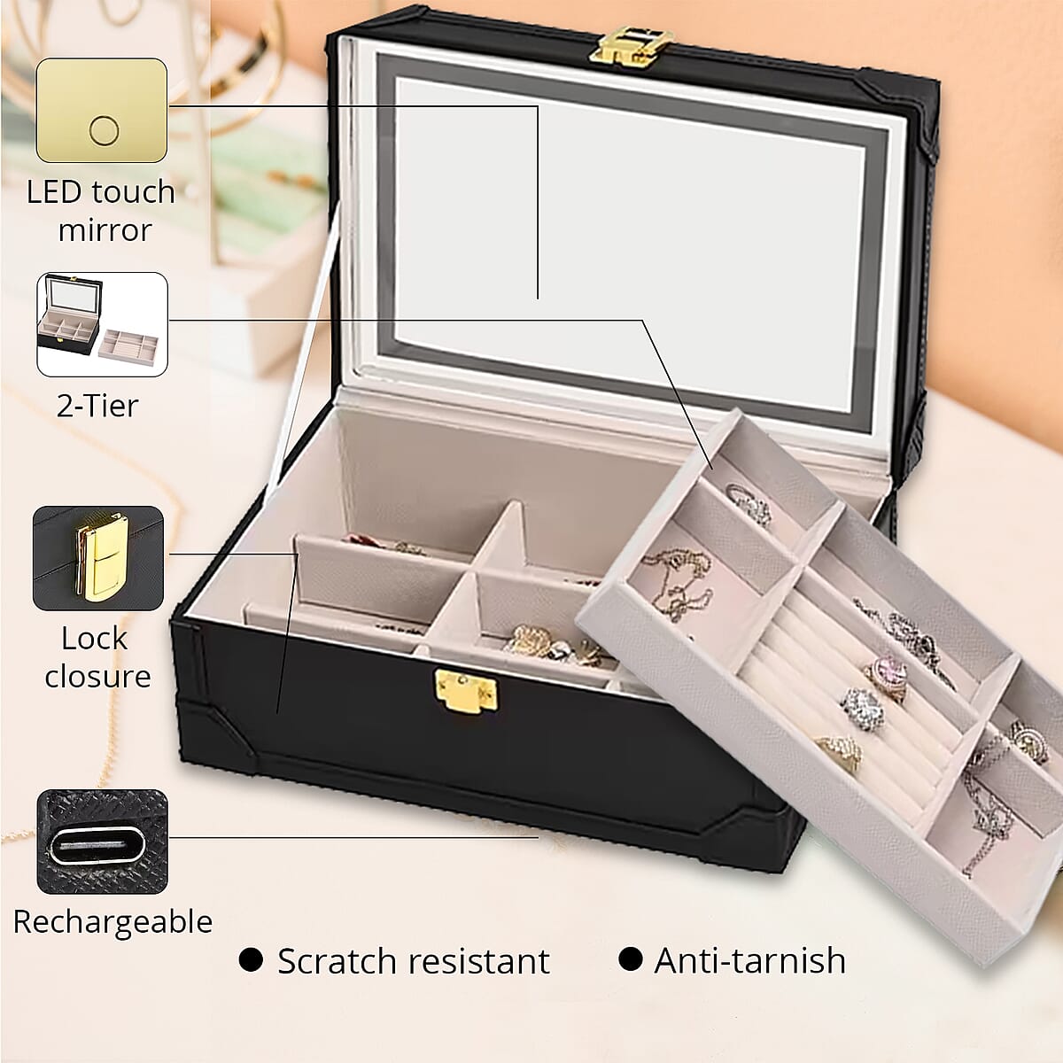 Black Faux Leather USB Rechargeable Jewelry Box with LED Touch Mirror image number 3