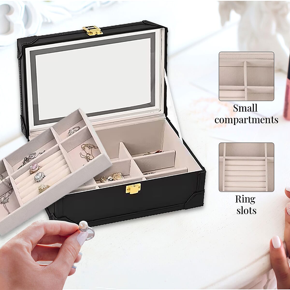 Black Faux Leather USB Rechargeable Jewelry Box with LED Touch Mirror image number 4