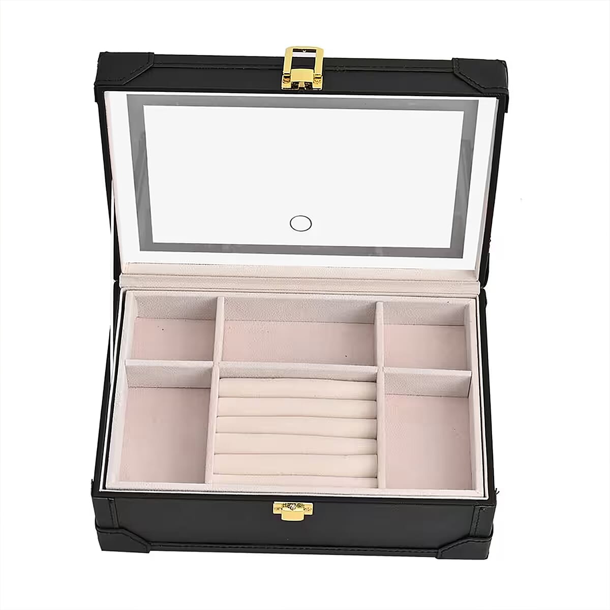 Black Faux Leather USB Rechargeable Jewelry Box with LED Touch Mirror image number 6