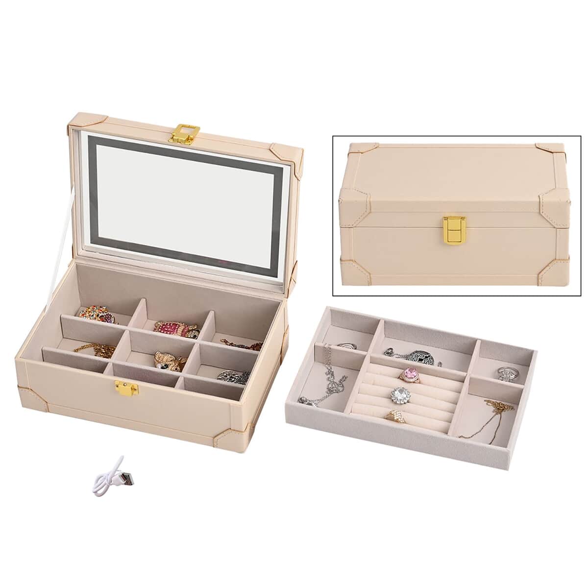 Cream Faux Leather USB Rechargeable Jewelry Box with LED Touch Mirror image number 0